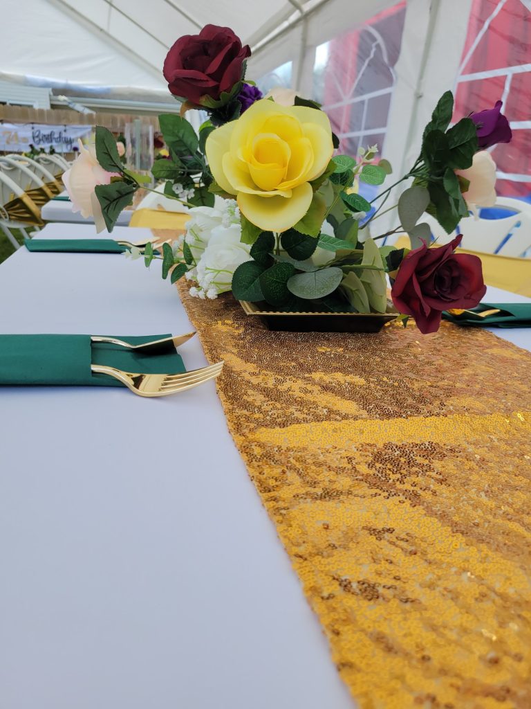 Birthday · garden marquee, gold sequin · 11 July 2026