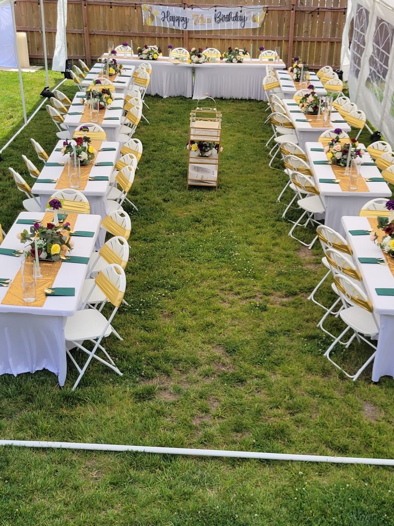 Birthday · garden marquee, gold sequin · 11 July 2026